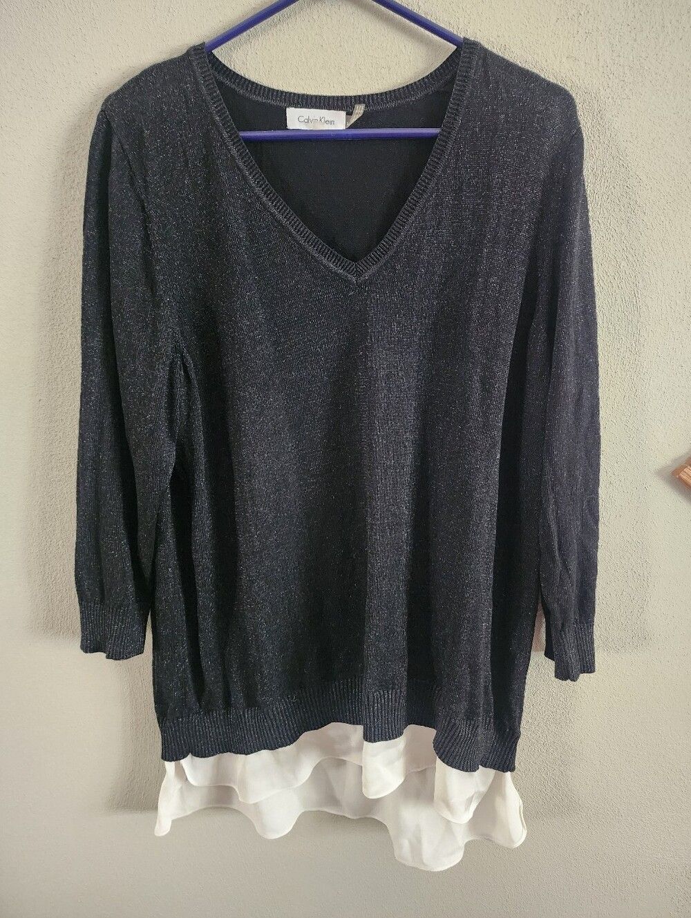 Calvin Klein Silk Blend Knit Sweater Top Womens 1X Layered V-Neck Black White